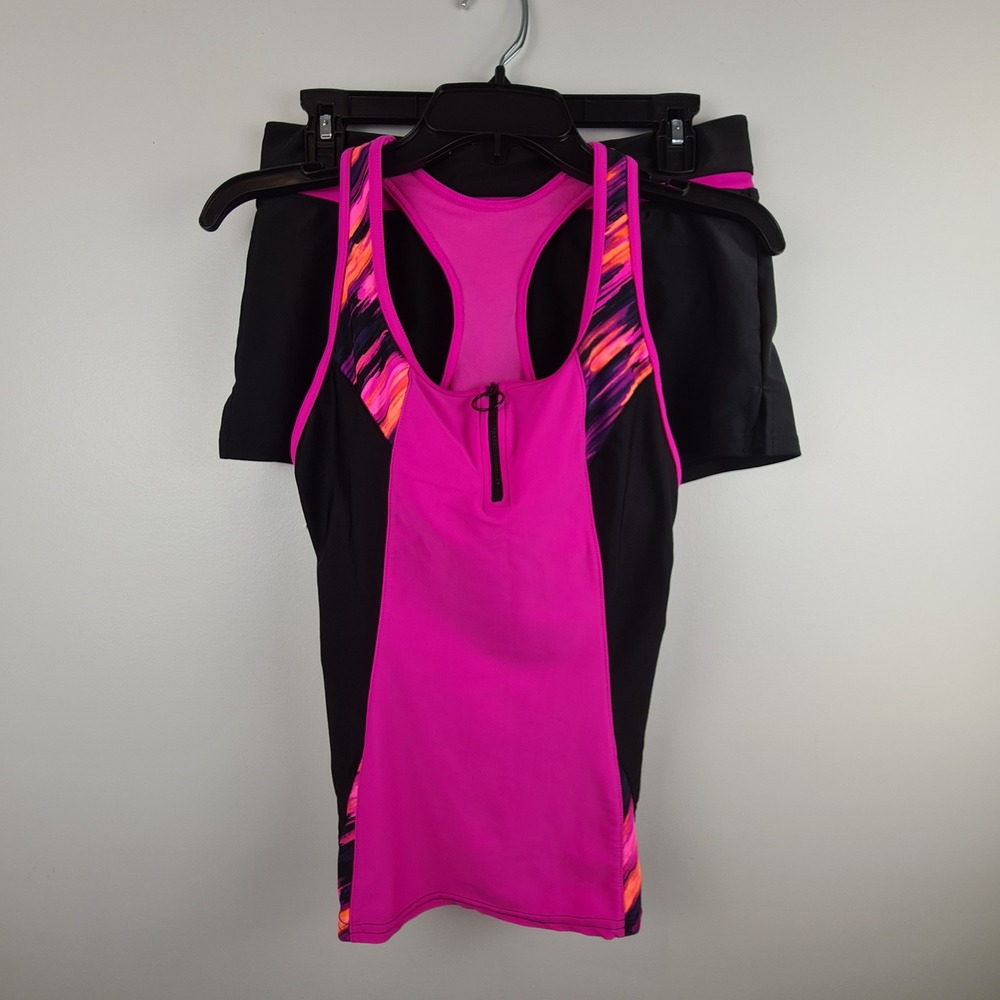 ZeroXposur Womens Pink‎ Black Abstract Zip Front Tankini Swimsuit Set S Shorts